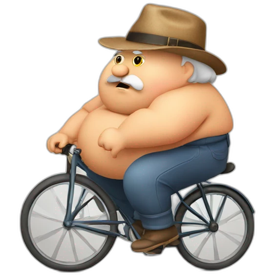 very fat grandfather. with a grandfather's hat on his head. riding an old bicycle. with a tired face. emoji