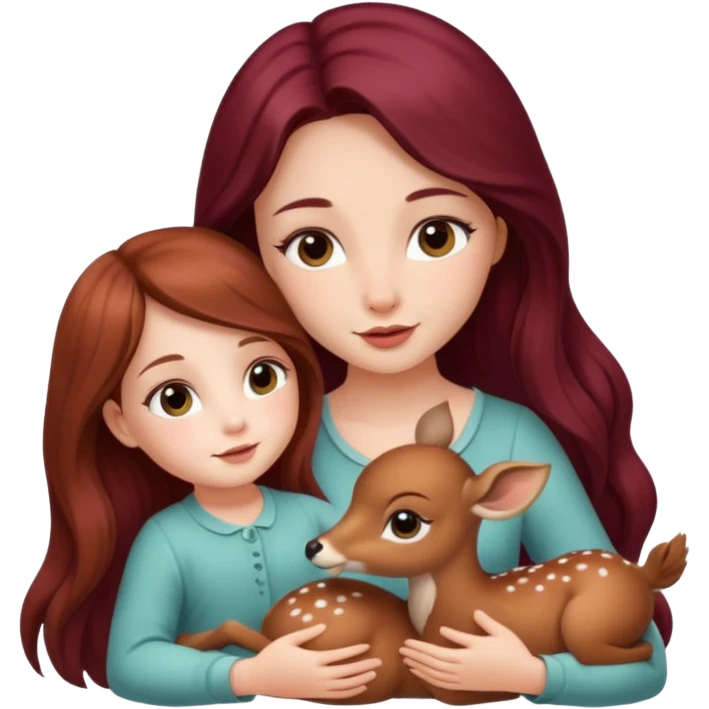 Beautiful burgundy long haired girl petting baby deer emoji