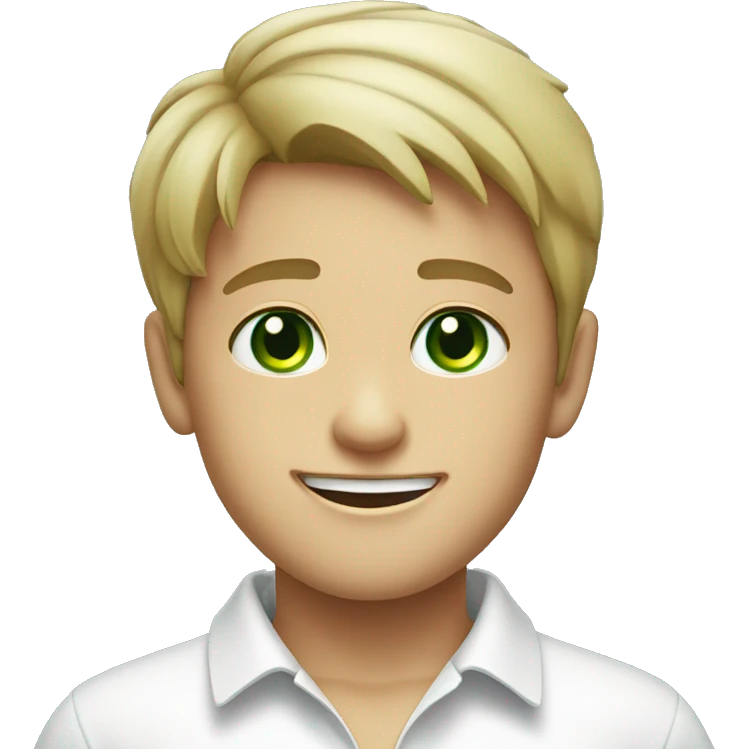 smiling boy in white shirt with green eyes emoji