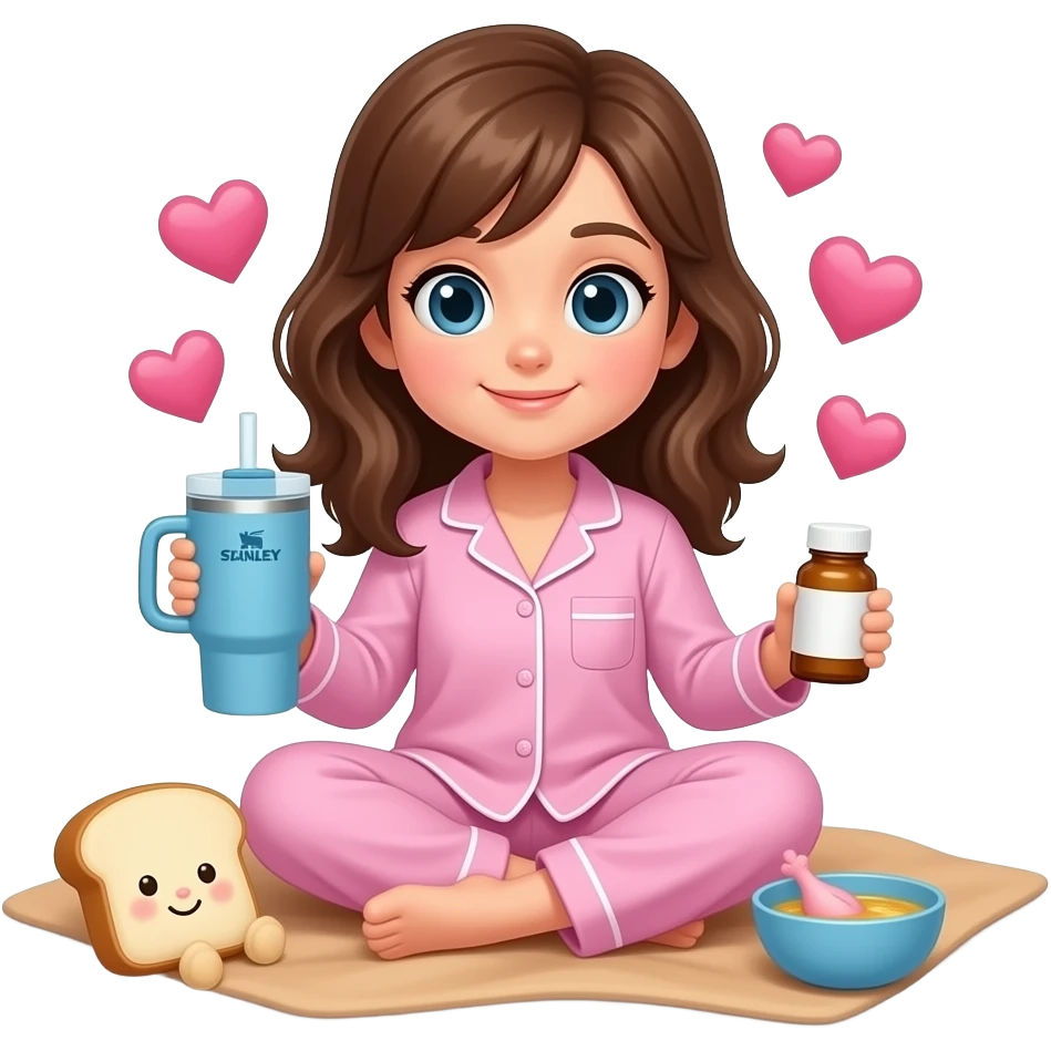 Light brown blanket and bread plushie sick day  with a  girl with brown hair and pink pajama and hearts and a Stanley  cup blue and a medicine and a chicken soup emoji