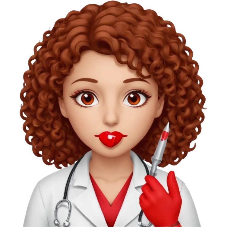 Lilith scalpel in hand, evil surgeon sexy surgeon clothes.  She has red eyes.  Hair is long. Hair is brown and curly hair. Wears sexy doctor outfit with red gloves. Covers mouth neck and nose with red litham for Muslim woman emoji