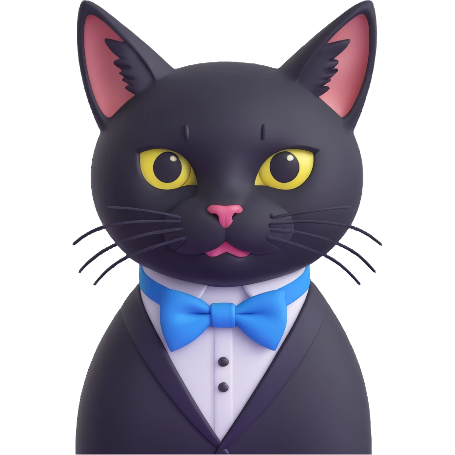 black cat with a blue bowtie collar, 3D style, realistic pose, detailed whiskers emoji
