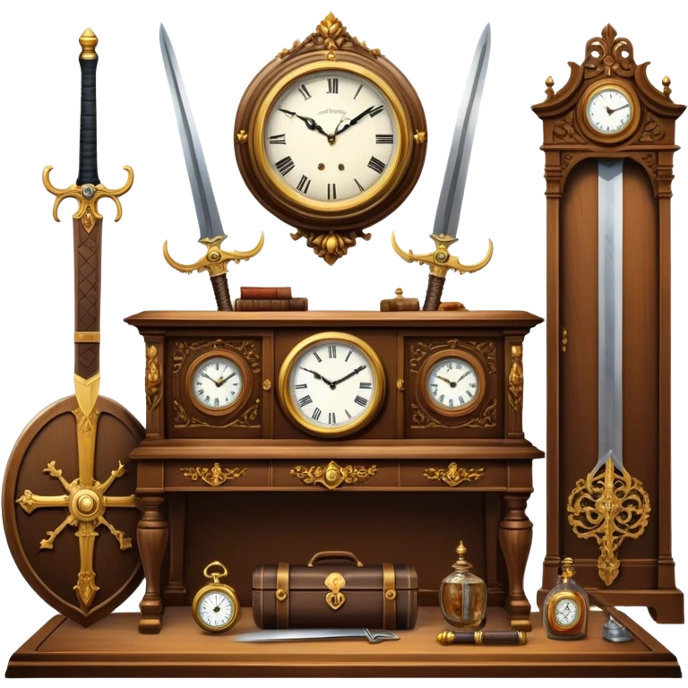 Icon for Antiques Collecting: a vintage clock, intricately carved furniture, famous paintings, antique swords, and rifles. The items are displayed on a wooden table or shelf. The icon should evoke the rich history and craftsmanship of antique collecting. Transparent background. emoji
