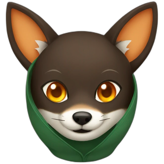 a small dark brown fox with orange eyes with a dark green hood that smile emoji