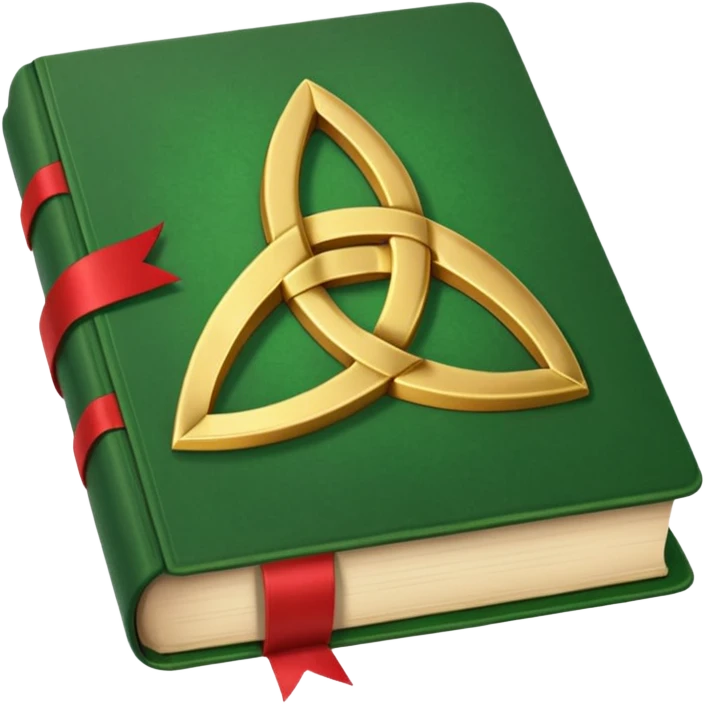 a green closed book with a golden triquetra on it with a red ribbon between the paged emoji