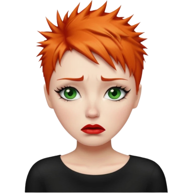 Short spikey Ginger hair, green eyes, black long eye lashes large red lips White woman very sad crying years coming out or eyes emoji