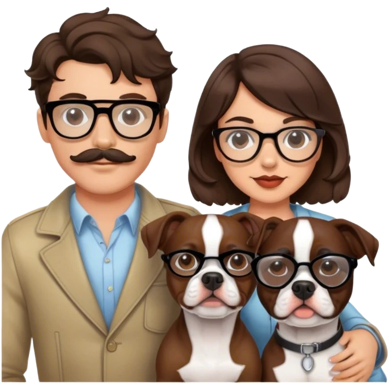 young hip fashionable cool couple wavy hair brunette man w wire glasses and mustache and brunette girl with bob and a brown pitbull boston terrier  emoji