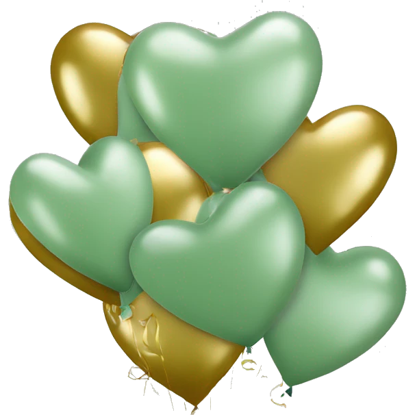 Aesthetic sage green 3 heart shaped balloons with gold ribbons emoji