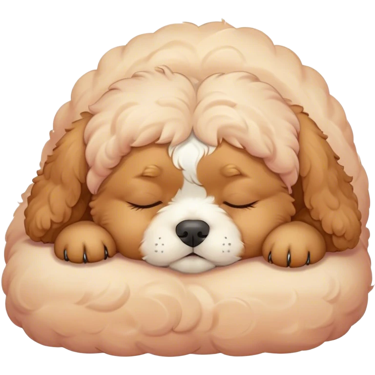 Cinematic Meme-Worthy Chubby Sleeping Cavoodle Portrait Emoji, Head resting peacefully with a contented smile, showcasing a delightfully chubby build and a luxuriously soft, curly apricot coat with gentle white accents, eyes shut in a serene nap, Simplified yet hilariously adorable features, highly detailed, glowing with a soft, drowsy light, high shine, relaxed and utterly lovable, stylized with an air of playful laziness, bright and heartwarming, soft glowing outline, capturing the essence of a comically sleepy Cavoodle, so meme-worthy it feels like it could instantly become the next viral sensation of adorable slumber! emoji