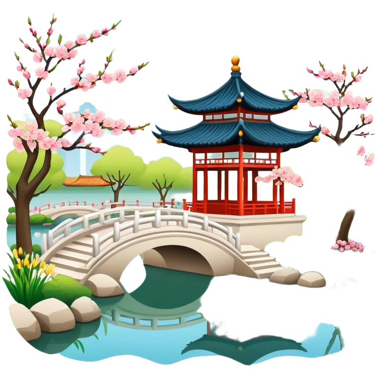 Suzhou garden with spring blossoms and pavilion by pond, simplified emoji style with bold outlines and bright colors, cartoon style traditional Chinese garden emoji