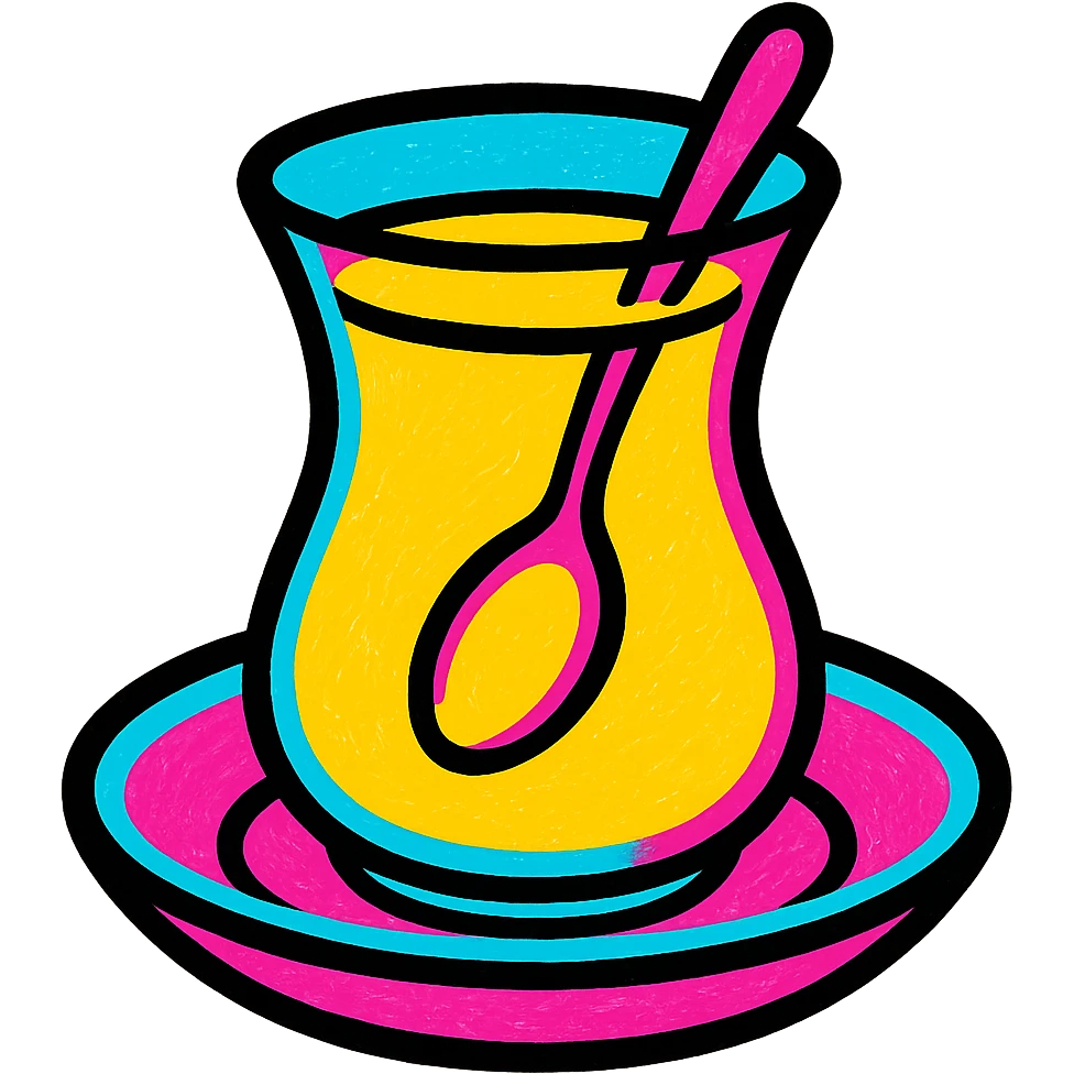 traditional Turkish tea glass with tea on a small saucer, vibrant colors emoji