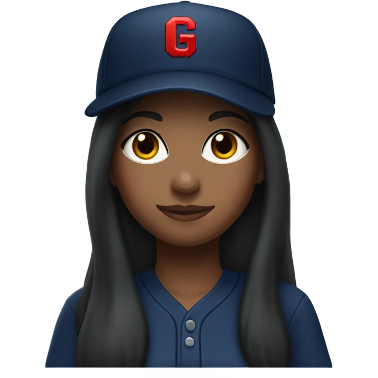 Black long hair girl wearing navy ballcap emblazoned with a red G initial and wearing baseball uniform emoji