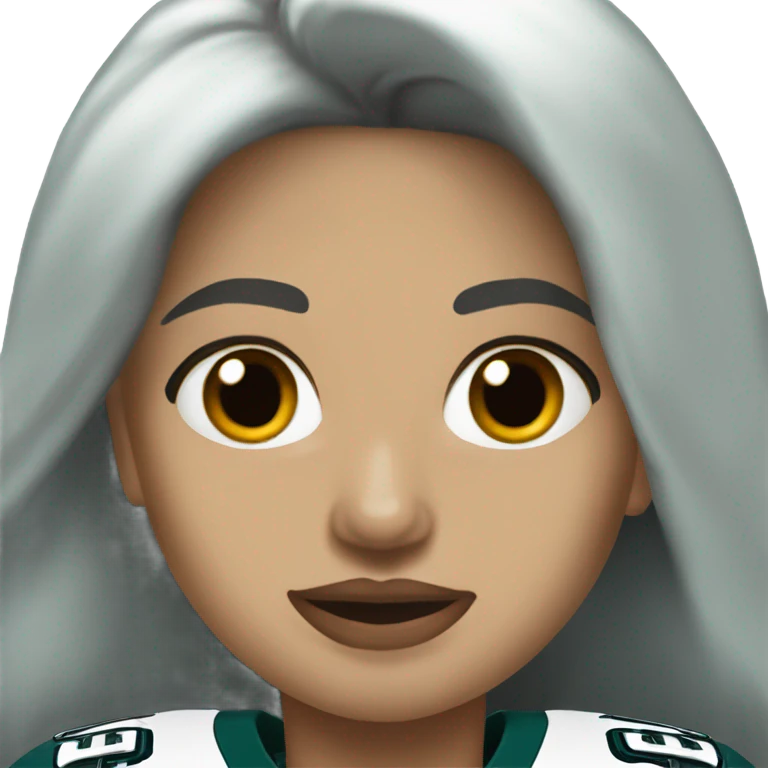 White female long dark hair red lips wearing Philadelphia Eagles jersey emoji