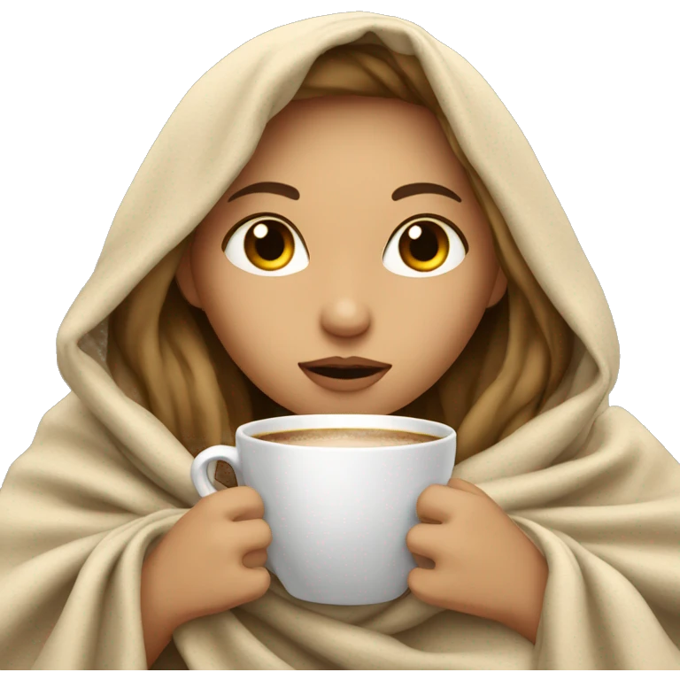 girl inside a blanket sipping coffee eyes closed dark blond hair emoji