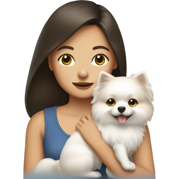 Brunette girl holding a white pomeranian  emoji