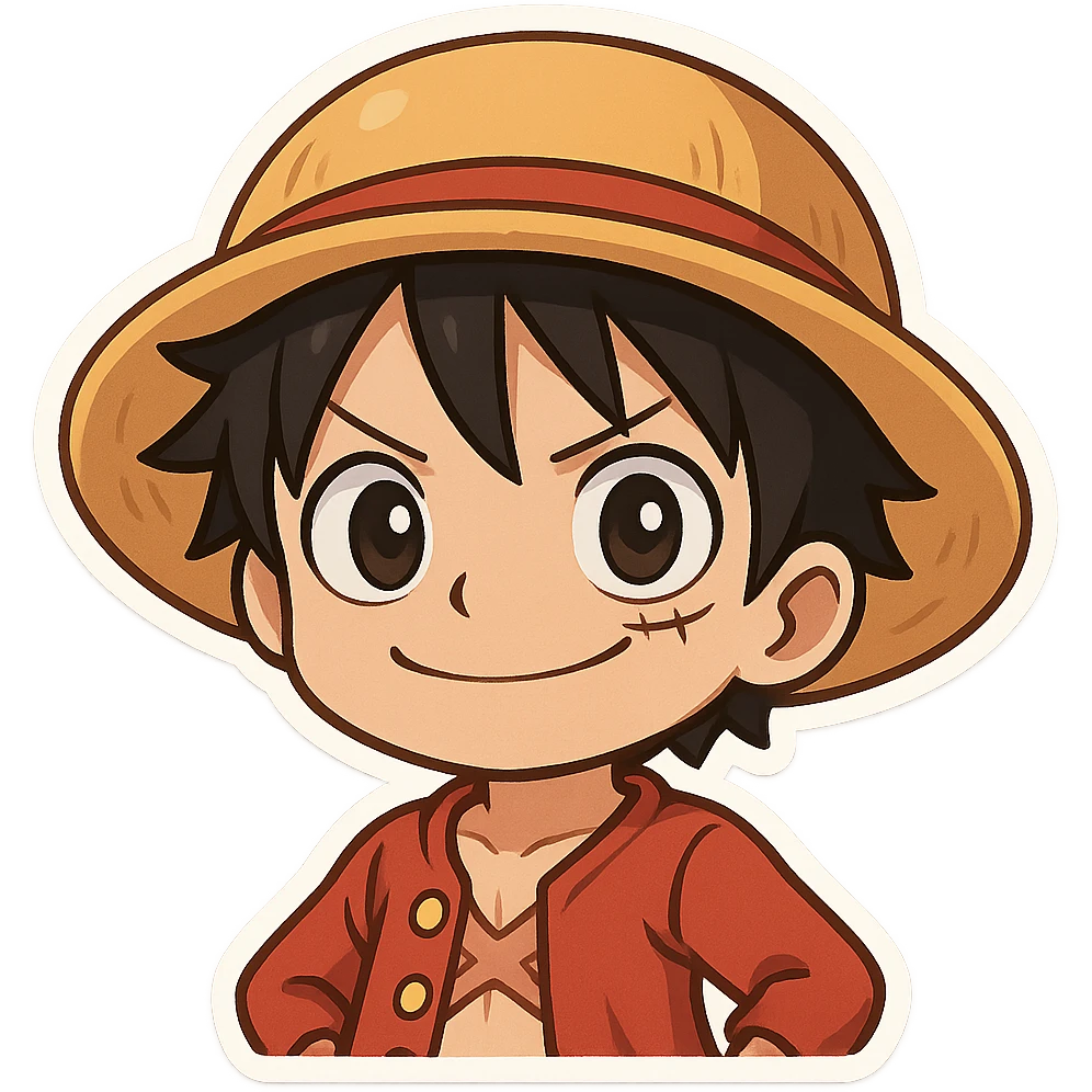 Luffy smiling confidently, anime emoji style, big eyes emoji