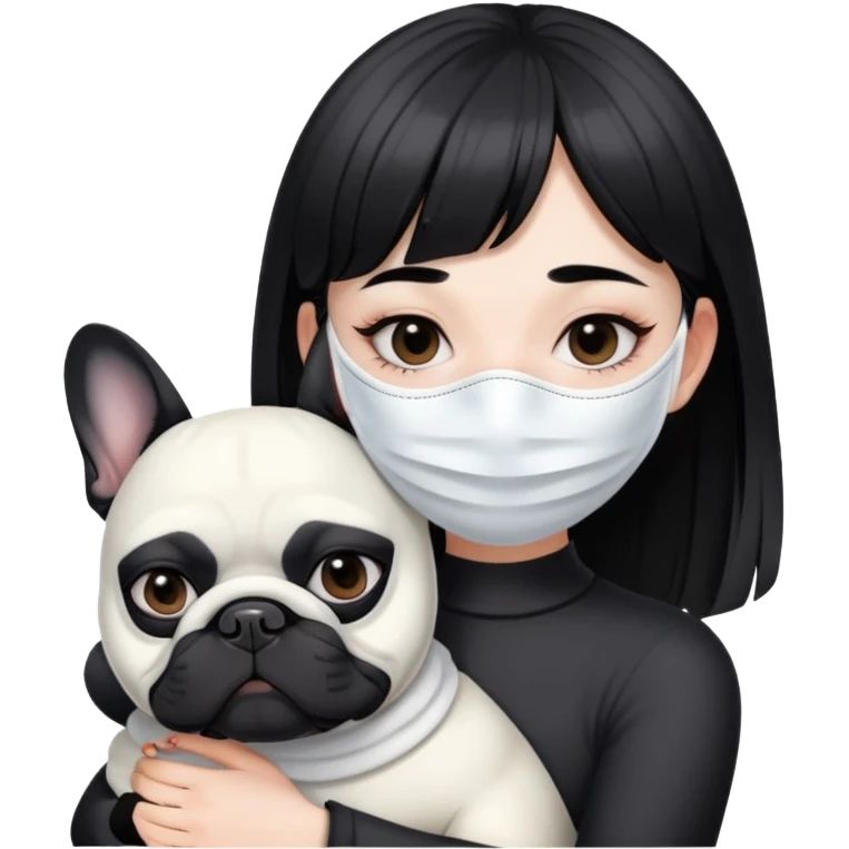 girl with short black straight bangs hair wearing a white mask and hugging a black French bulldog emoji