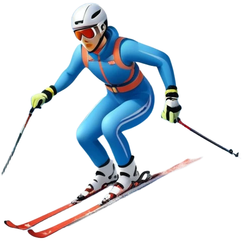 An icon featuring snowy peaks, pine trees, and a picturesque mountain landscape with a skier racing down a snow-covered slope, The sky is blue with soft clouds, capturing the thrill and beauty of alpine skiing. Transparent background highlights the excitement and serenity of winter sports. emoji
