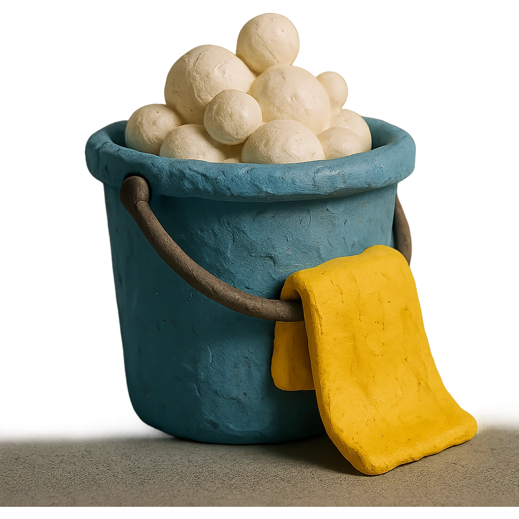 bucket with bubbles and cleaning cloth in claymation style, soft matte finish emoji