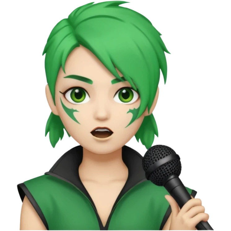 green haired, warior makeup, holding microphone, singing emoji