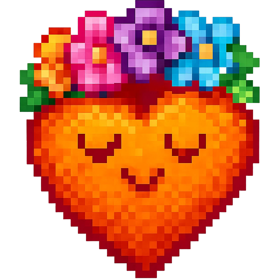 Add a crown of colorful flowers to the orange heart, keeping the retro and vibrant pixel art style with no background. emoji