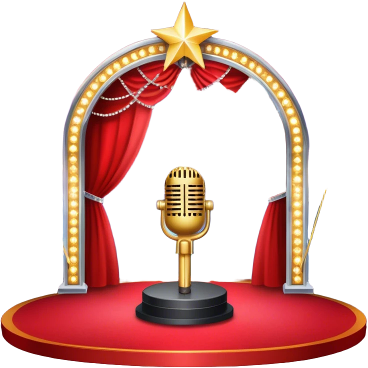 Create a glamorous and vibrant emoji that represents pop or stage vocal performance. The design should feature an empty stage with concert lighting. Include elements like an iconic stage microphone with a sparkling, rhinestone-studded microphone stand, set on a red carpet, a celebratory firework display in the background and a ribbon of musical notes flowing around the scene to symbolize the performance's energy. Use bright colors like gold, red, and silver to emphasize the excitement and glitz of the pop vocal world. The background should be transparent. emoji
