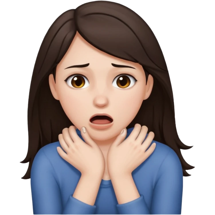 a brunette woman choking herself with her bare hands emoji