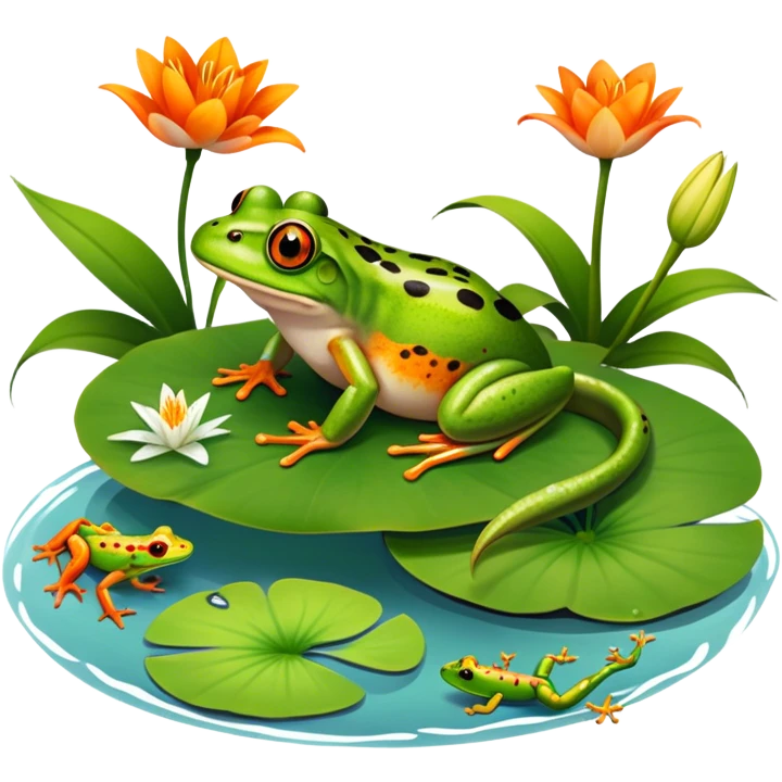 Icon for Amphibians: A colorful collage featuring a frog sitting on a lily pad, a salamander crawling on the ground and a newt swimming in water. The background features lily flowers and a calm pond setting. Transparent background. emoji
