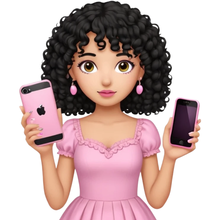 uma menina fofa de pele oliva e cabelos pretos encaracolados e com franja encaracolada e um vestido rosa pastel detalhado e maquiagem levemente rosada enquanto segura um iphone rosa emoji