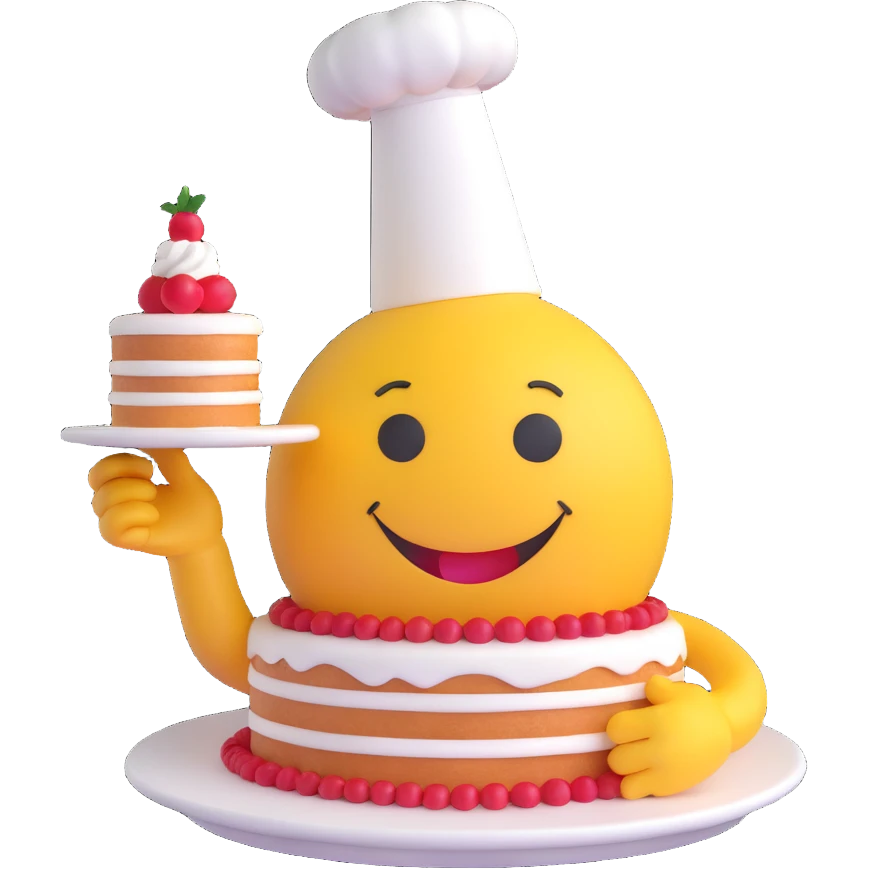 3D smiley emoji, round shape, pastry chef: with cake, white hat, funny face emoji