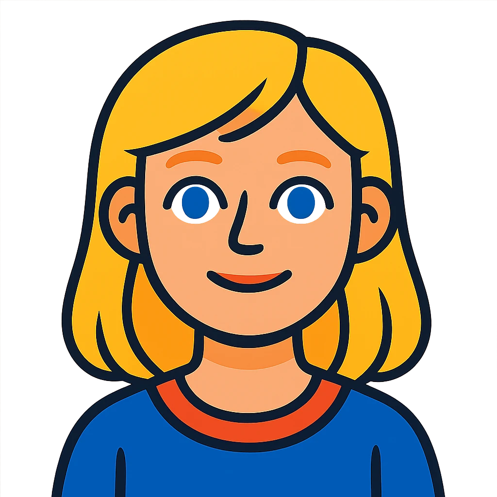 avatar of a 15-year-old girl, blonde hair, blue eyes, thin lips, round face, colorful cartoon style emoji
