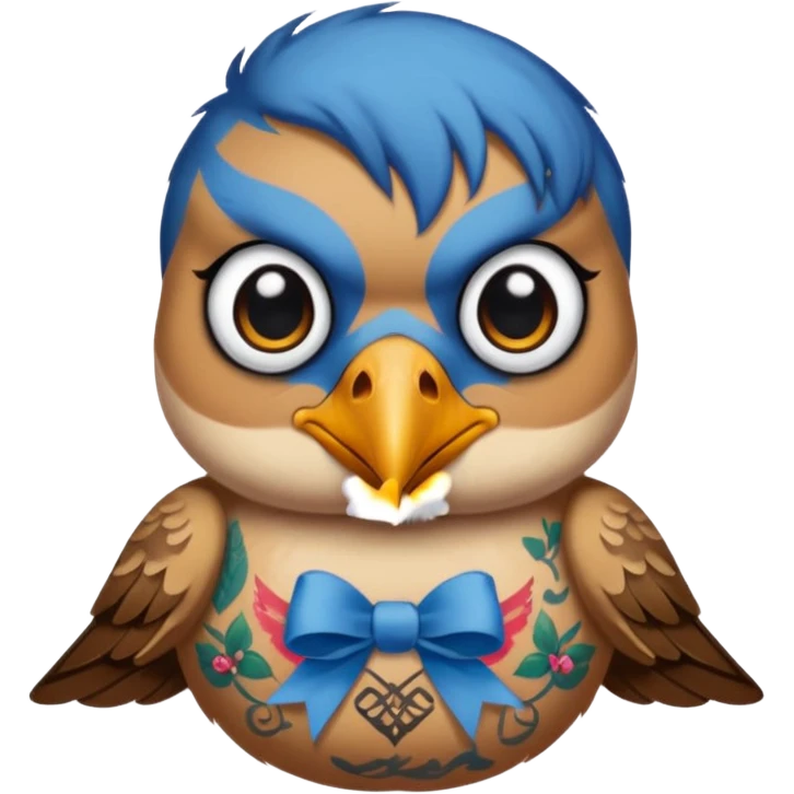 bird with piercings and excessive face tattoos and ribbon two eyes emoji