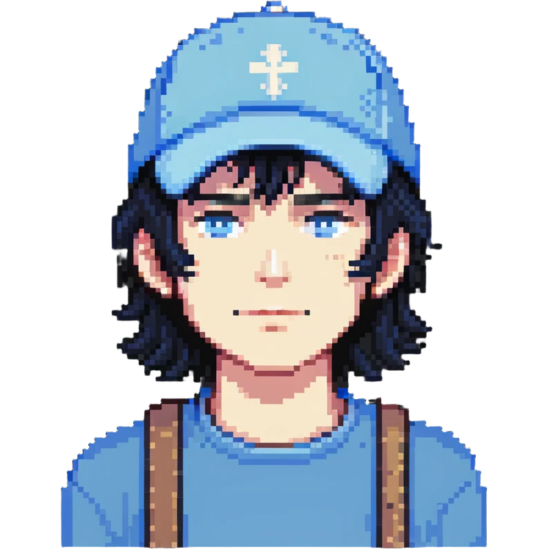 man with black hair and white skin wearing a blue cap hat emoji