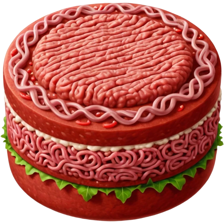 single round patty of raw ground beef, vivid red color, dense compact texture with visible strands of minced meat, slightly domed top, clean edges, moist fresh surface, no garnish, herbs, plate, or extras, soft lighting, subtle shadows, emoji scale emoji