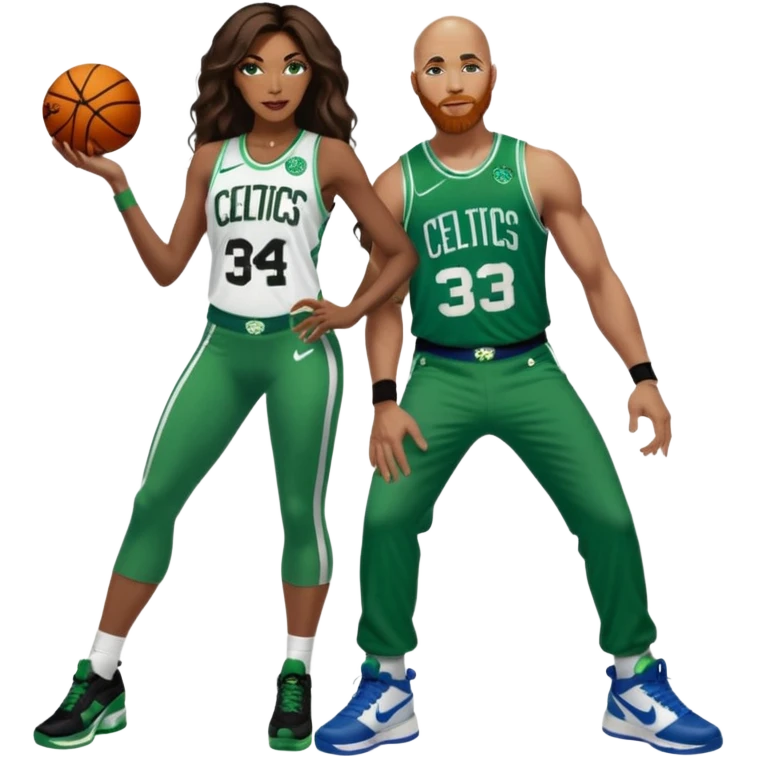 in love. one black woman and one white man: 48-year-old black woman with brown eyes, long dark brown balayage hair dressed in sexy 
celtics jersey costume outfit and stilettos with bald white man with ginger beard, and blue eyes, in a Jason Tatum Boston Celtics Jersey, jeans and Nike sneakers  emoji