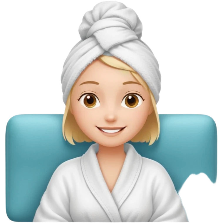 spa A contented and relaxed girl with a towel on her head in a white robe lies on a couch. The icon displays the couch and the girl in full three-quarter view. emoji