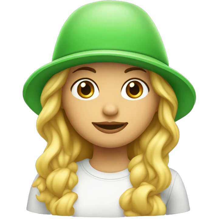 Chica con pelo largo rubio ondulado y un gorro de pelo blanco piel blanca , ojos verdes emoji