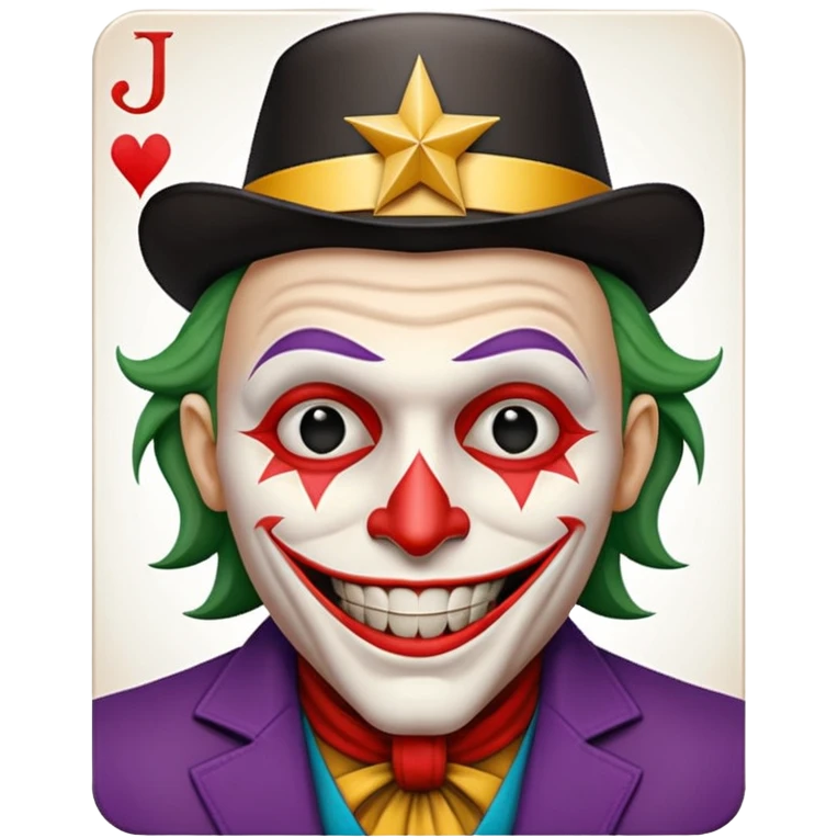 1 poker card, perfectly squared card, with crazy colorful human jolly joker inside, star symbol with a "J" emoji