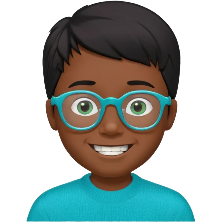 Chico de 7 años, pelo negro y repeinado, piel oscurita, gafas rectangulares azules, sonriente sin 1 diente, jersey verde turquesa y ojos rasgados, no redondeados emoji