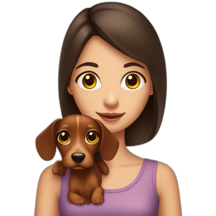 a brunette girl with big eyes and her wiener dog emoji
