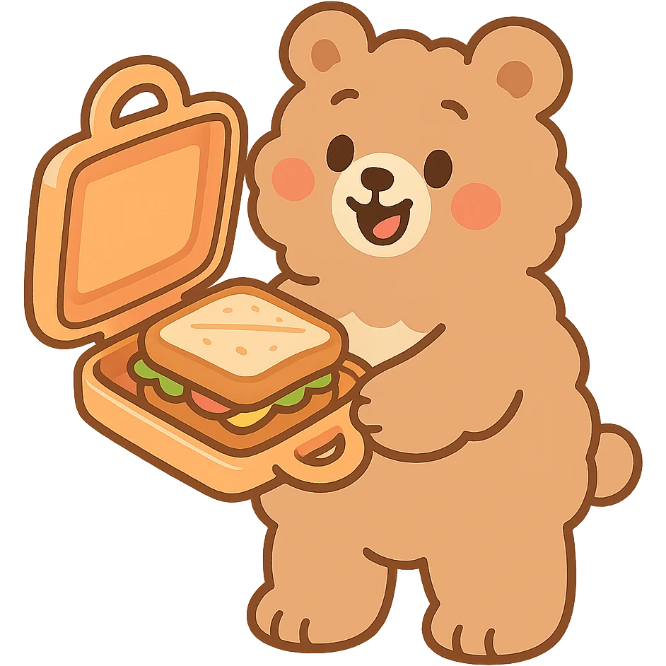 cute soft fluffy sandwich maker bear, soft pastel style, opening with a cute sandwich inside, creamy brown, full-body emoji