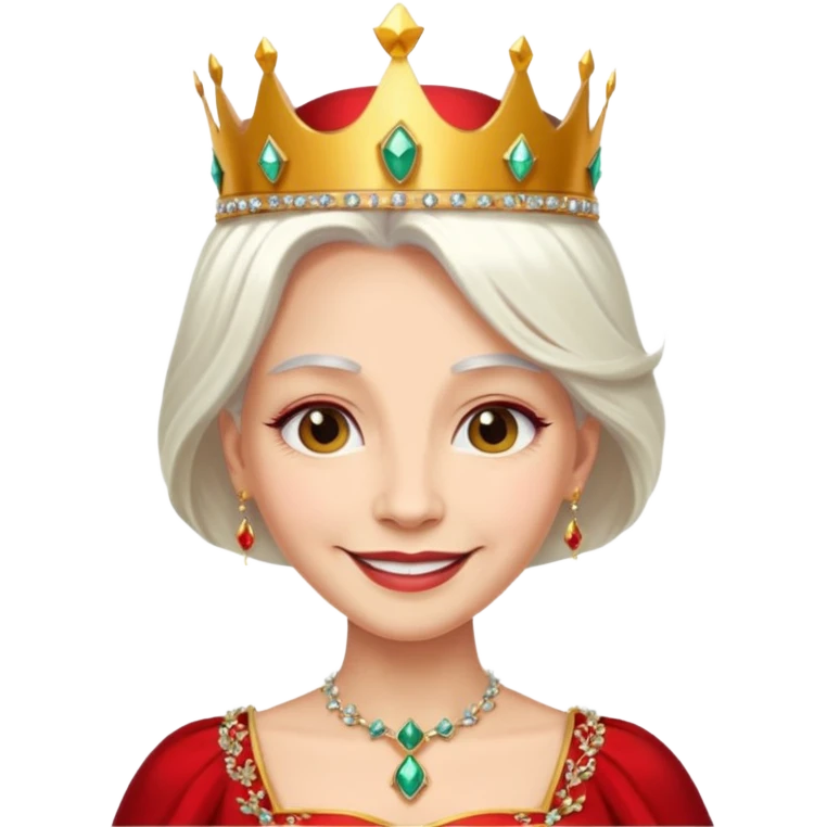 Queen with long white hair – jeweled golden crown, red dress. emoji