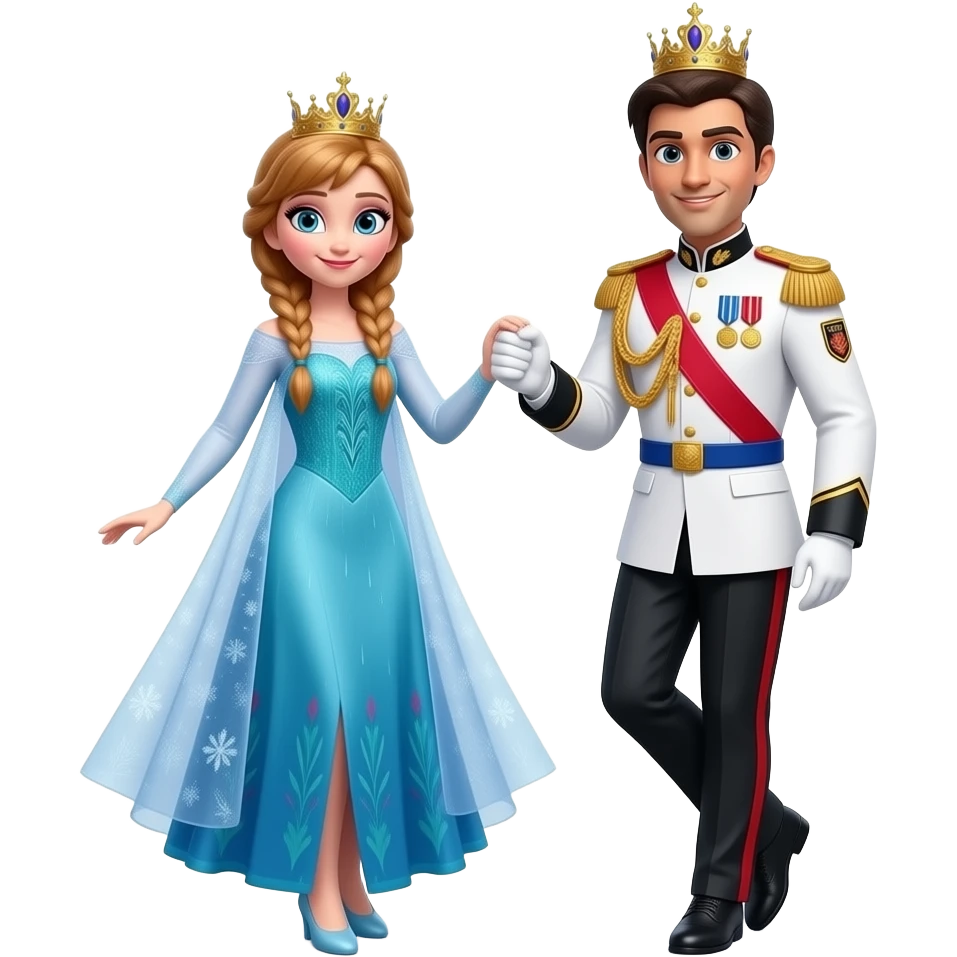 Elsa arendelle and Anna arendelle from disney frozen movie are same wearing gold tiara white military tunic arm badge shoulder cord medal red sash blue belt black trouser with both side red stripe white shoes and they both dancing in rain of kadhal kondein that means I fell in love emoji