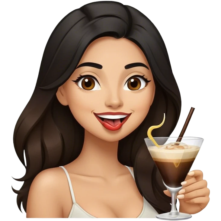 Happy looking TOUNGE out black haired female Hispanic looking  drinking espresso martini long hair brown balayage  emoji