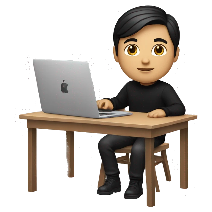 memoji of a man with a laptop in front, apple-style, fair white skintone,modern,black hair,black sweater,computer in hand,sitting on his desk emoji