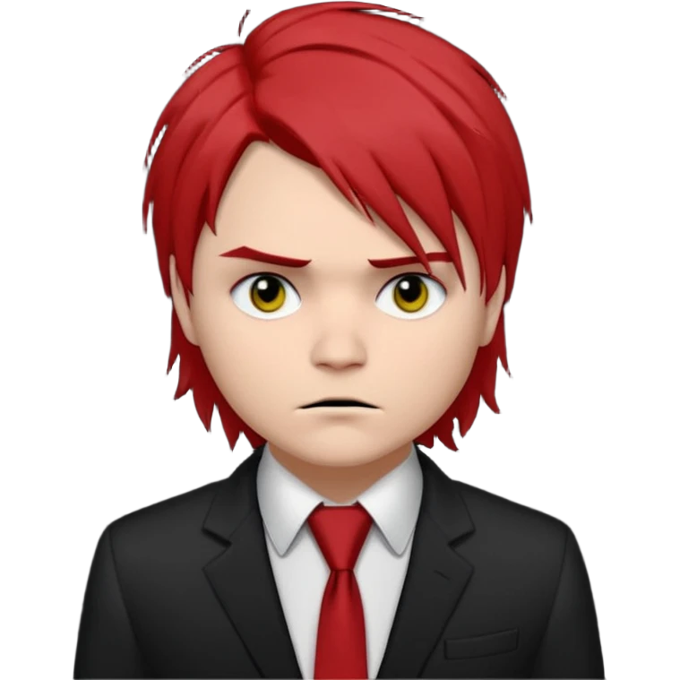 Gerard Way (Revenge Era)
Round, simplified emoji style
Pale skin tone dark eyes
Jet-black, shoulder-length hair messy and emo
Heavy eyeliner and slight red shadow under the eyes
Subtle serious
Hint of red tie visible on black button up shirt.
Transparent background. Black eyeliner. Messy emo hair emoji