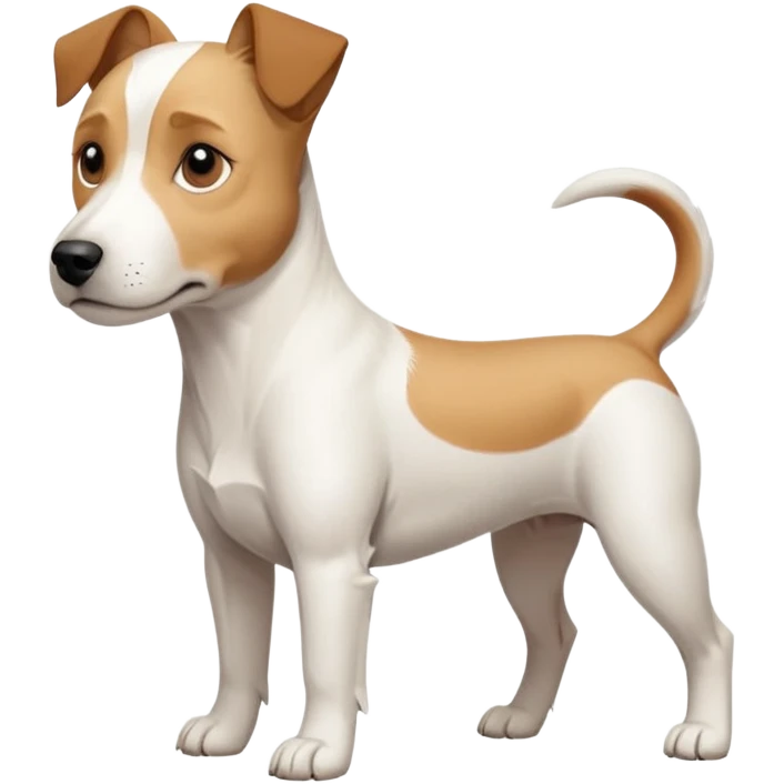 a full body facing front on of a buff white parson russell terrier looking dog the size of a kelpie with light brown long ears resting on its face and a light brown patch on one eye and a large snout. the rest of the dog is completely white.  emoji