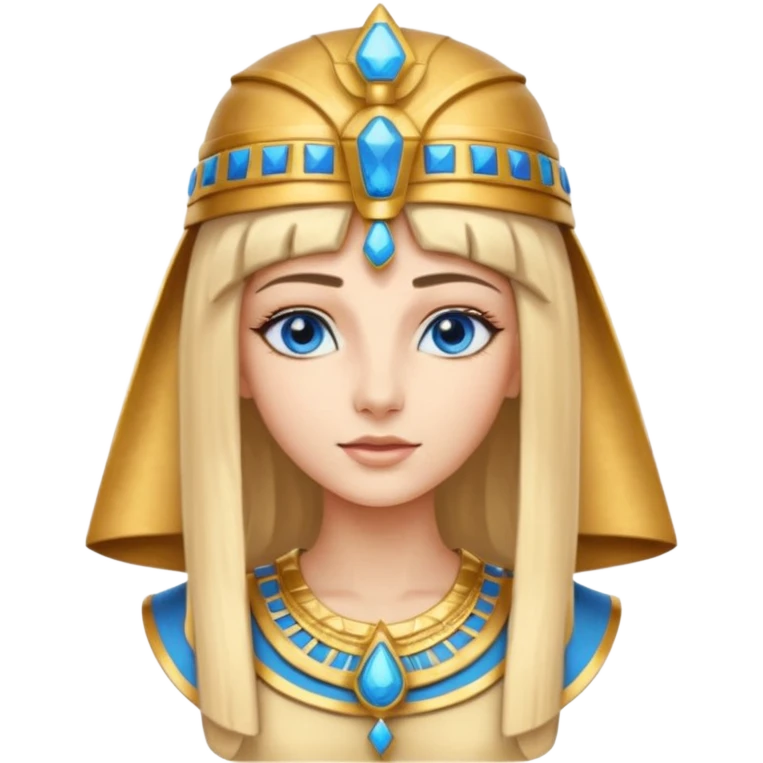 Cleopatra vestita da faraone con il cappello da faraone ma con gli occhi azzurri e i capelli lunghi biondi non troppo chiari con il cappello da faraone dorato senza frangia  emoji