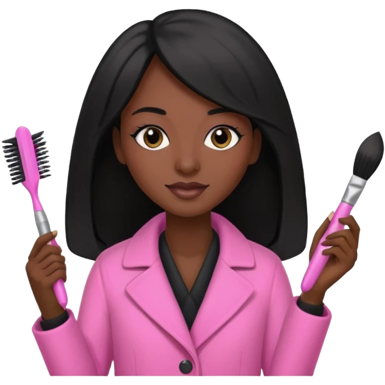 Cosmetologist, dark skin, long black hair, with cosmetology brush, and pink coat emoji