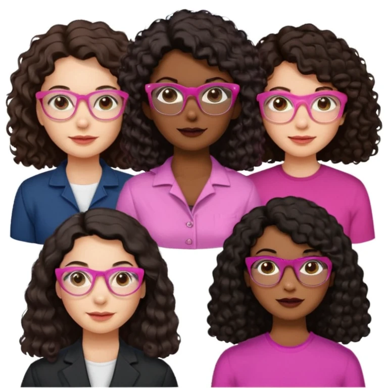 Una mujer con el cabello liso,negro,blanca y cara perfiladita otra con el pelo odulado medio crespito y blanca pelo marrón y otra con el pelo odulado medio liso morenita y con gafas rosada y por último otra Morena oscurita con el pelo rizado-crespo y gafas doradas  emoji